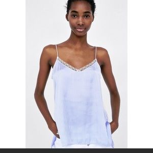 Zara Basic Blue White Stripe Lace Accents Camisole Top Small